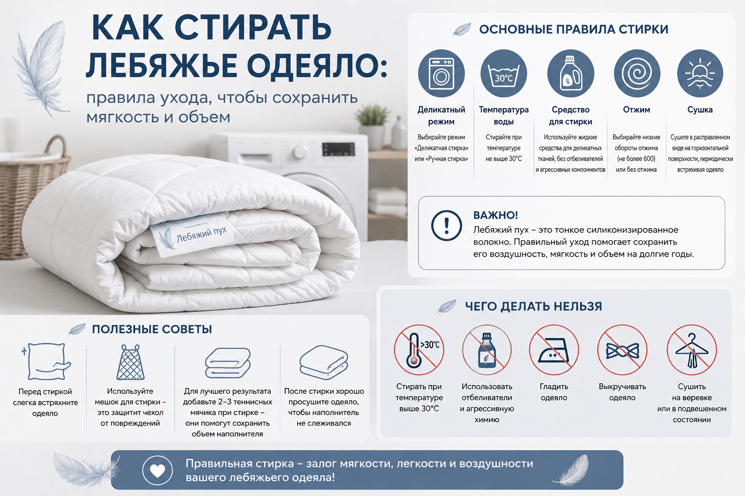 Как стирать лебяжье одеяло: правила ухода, чтобы сохранить мягкость и объем Как стирать лебяжье одеяло: правила ухода, чтобы сохранить мягкость и объем